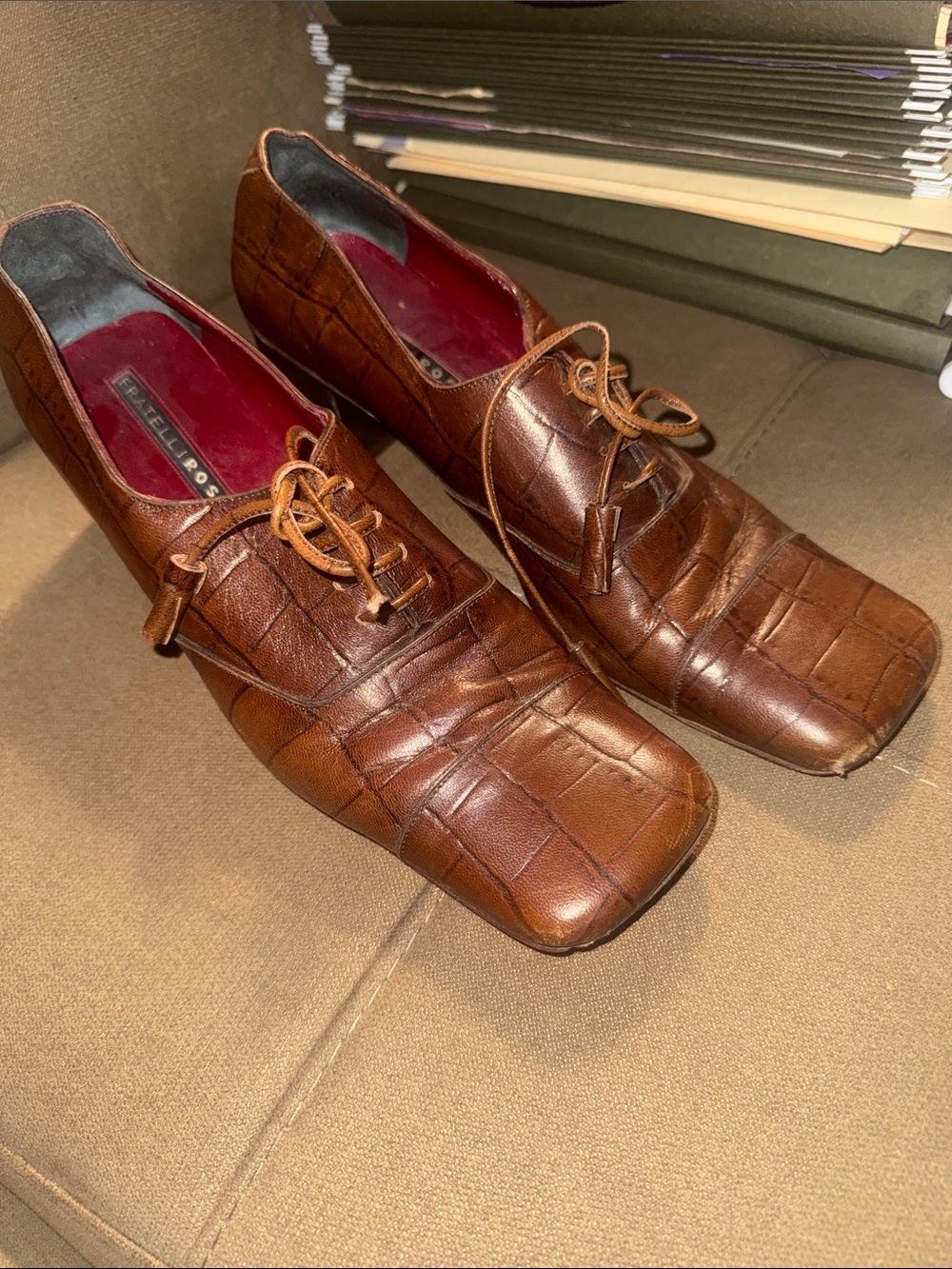 Vintage Fratelli Rossetti Brown Croc-Embossed Leather Lace-Up Oxfords